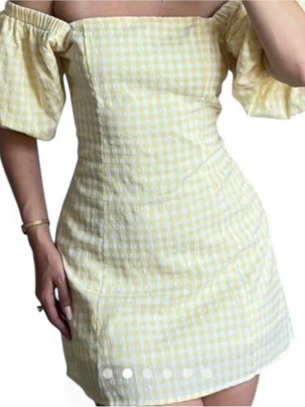 Mable Women Yellow Gingham Off the Shoulder Puff Shoulder Dress size S
